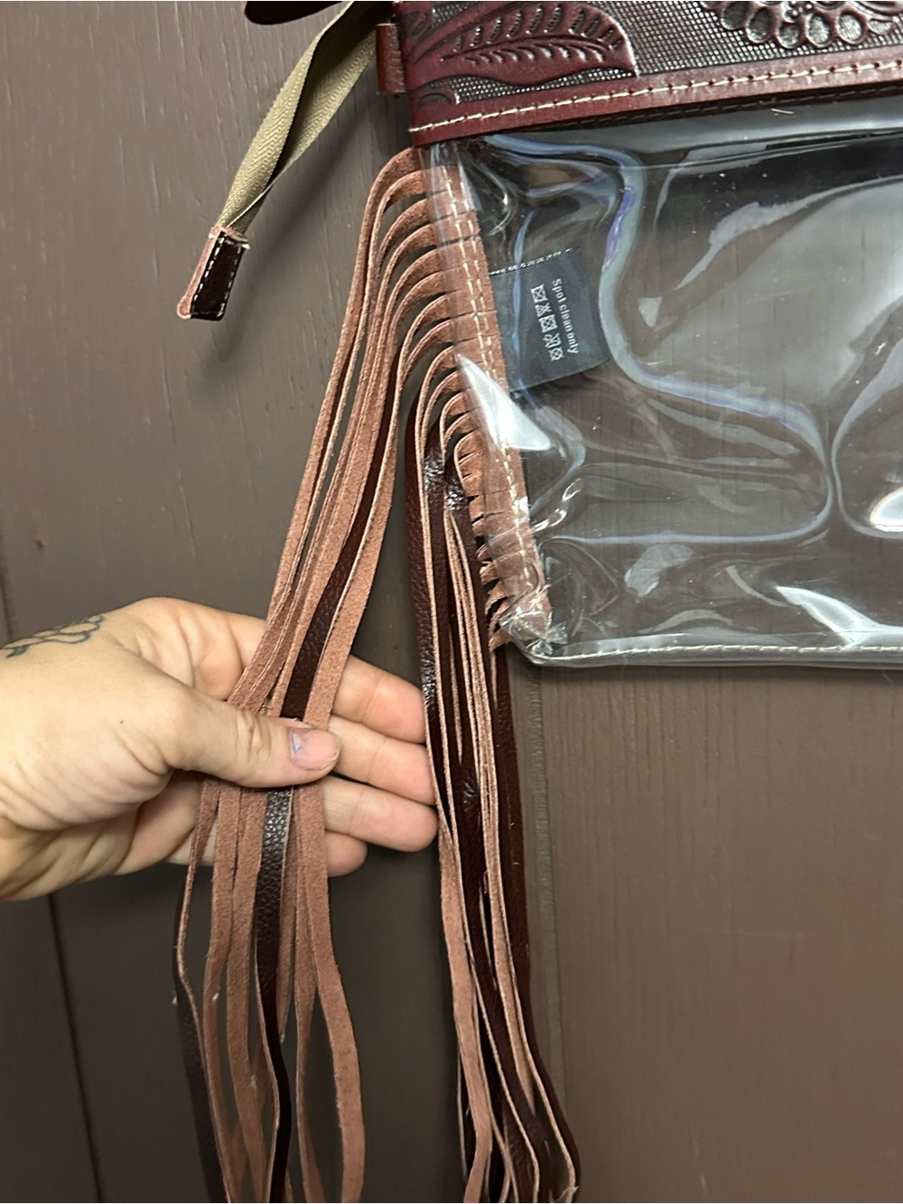 Myra Bag Clear Crossbody with Brown Leather Fringe and Tan Strap - Picture 7 of 7